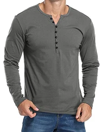 Herren Henley Shirts Langarmshirt Casual T Shirt Slim Fit Knöpfe Basic T-Shirts Grau M