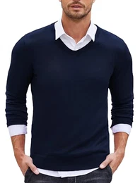 Strickpullover Herren Langarm V-Ausschnitt Sweater Winter Pullover Männer Slim Fit Marine M