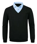 Yukirtiq Herren 2 in 1 Hemd Kragen Langarm Strick-Pullover V-Ausschnitt Blau/Weiß