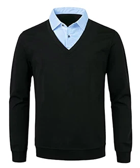 Yukirtiq Herren 2 in 1 Hemd Kragen Langarm Strick-Pullover V-Ausschnitt Blau/Weiß Yukirtiq Herren 2 in 1 Hemd Kragen Langarm Strick-Pullover V-Ausschnitt Blau/Weiß