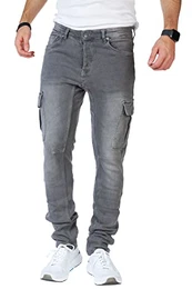 Herren Cargo Jeans Hose Herren Jeans Hose für Männer Jungen Regular Slim fit Denim Destroyed Jogger Freizeithose Casual Jeans Pants Jeans Herren Stretch 8003 (Grey, 32W/32L)