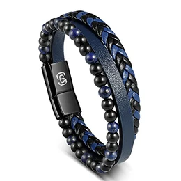 Armband Herren Leder Armbänder für Männer Edelstahl Magnetschnalle Lederarmband für Ehemann, Bruder, Älteren, Kollegen, Sohn mit Geschenkbox (Blau, 21)