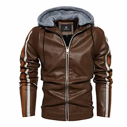 Lederjacke Herren Kunstleder Freizeitjacke Winter Warme Bikerjacke Winddichte Übergangsjacke mit Abnehmbarer Kapuze Braun M