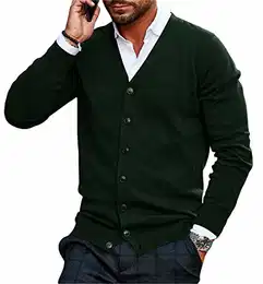 Herren Strickjacke V Ausschnitt Kragenlos Cardigan Gestrickt Hemd Jacke Leicht Übergangsjacke Grün L
