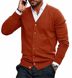 Herren Strickjacke V Ausschnitt Kragenlos Cardigan Gestrickt Hemd Jacke Leicht Übergangsjacke Orange M