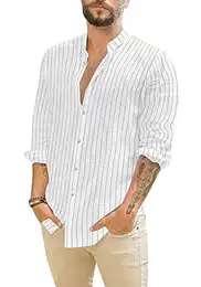 Leinenhemd Herren Hemd Herren Langarm Sommerhemd Herren Regular Fit Freizeithemd Gestreift Weiß M