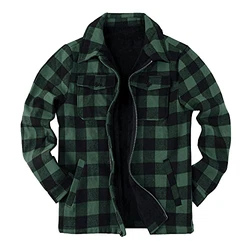 Herren Flanelljacke Karo Jacke Karohemd Thermohemd mit Reißverschluss Mikro Fleece Gefüttert Winterjacke Grün