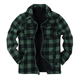 Herren Flanelljacke Karo Jacke Karohemd Thermohemd mit Reißverschluss Mikro Fleece Gefüttert Winterjacke Grün