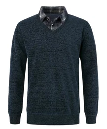 Herren Chenille Strickwaren Feinstrick Pullover 2 in 1 Hemd Kragen Strickpullover mit Hemdkragen Mock Hemd Einsatz für Männer, Grün, M