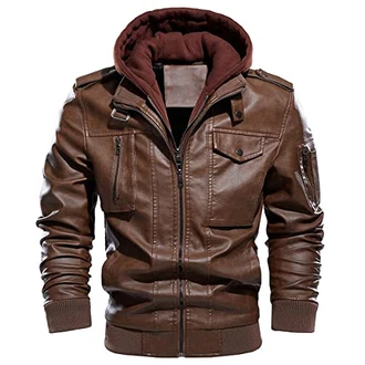 CARWORNIC Herren Kunstlederjacke Bikerjacke mit Abnehmbarer Kapuze Schwarz/Braun