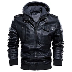 CARWORNIC Herren Kunstlederjacke Bikerjacke mit Abnehmbarer Kapuze 