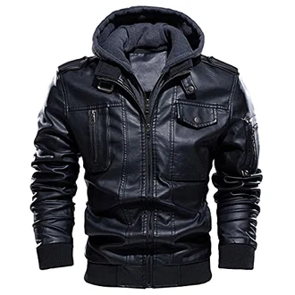 CARWORNIC Herren Kunstlederjacke Bikerjacke mit Abnehmbarer Kapuze CARWORNIC Herren Kunstlederjacke Bikerjacke mit Abnehmbarer Kapuze
