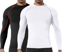 Herren (2er Pack) Kompression Langarm Stehkragen Wintersport Baselayer T-Shirts Tops Schwarz/Weiß07-M