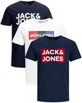 JACK & JONES Herren T Shirt 3er Pack Print Mix Rundhals Tee Regular Slim Fit O Neck Ausschnitt Schwarz