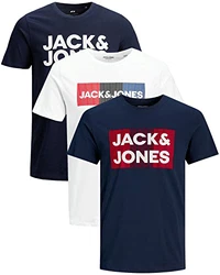 JACK & JONES Herren T Shirt 3er Pack Print Mix Rundhals Tee Regular Slim Fit O Neck Ausschnitt Schwarz