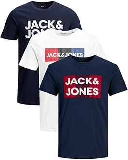 JACK & JONES Herren T Shirt 3er Pack Print Mix Rundhals Tee Regular Slim Fit O Neck Ausschnitt Schwarz