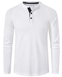 Herren Langarm Shirt Männer Basic Lässige T-Shirt Rundhals mit knöpfen Weiß M