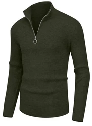 Hisir Pullover Herren Strickpullover 1/4 Zip Pulli mit Stehkragen mit Reißverschluss Armeegrün