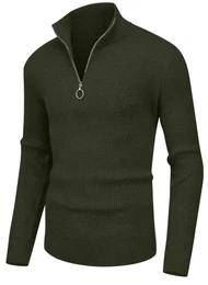 Pullover Herren Strickpullover 1/4 Zip Pulli Männer, Bequem Weich Warmer Winter Pullover für Männer Herren Pullover mit Stehkragen mit Reißverschluss (VC Armeegrün, M)