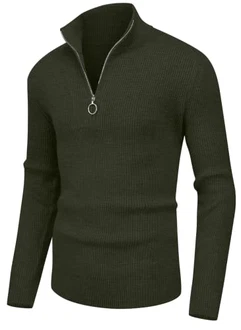 Hisir Pullover Herren Strickpullover 1/4 Zip Pulli mit Stehkragen mit Reißverschluss Armeegrün