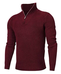 AIDEAONE Männer Zip Pullover Turtleneck Strickpullover Stehkragen Pullover Sweater Slim Fit Basic Feinstrick Zip Neck Pullover Dunkelrot