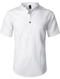 Sommerhemd für Herren, aus Baumwolle/Leinen, Kurzarm, lässiges Henley-Hemd, leichte Sommer-Oberbekleidung für den Strand, mit Stehkragen, Weiss/opulenter Garten, Mittel