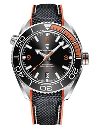 Pagani Design Herrenuhr mit Automatikaufzug, wasserdicht bis 100 Meter, mechanisch, Lünette aus Keramik und Kaliber NH35, Saphirglas, automatische Taucheruhr (Orange)