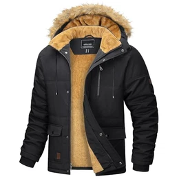 Herren Warme Parka Jacke Gefüttert Winter Daunenjacke Kapuze Camping Jacken Männer Winddicht Warme Outdoorjacke Fleece Funktionsjacke Wandern Jagdjacke Schwarz M