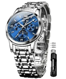 Herrenuhren Automatik Mechanische Blau Luxus Kleid Armbanduhr mit Mondphase Tag Datum Jahr Wasserdicht Leuchtende Zweifarbige Uhr