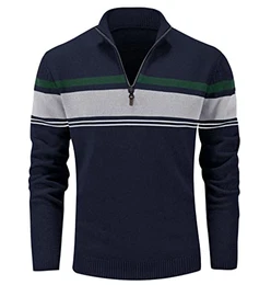 Herren Stehkragen Sweatshirt Feinstrick Fleecepullover Lange Ärmel Strickjacke Winter Arbeitspullover Herren Zip Neck Freizeitshirt Outdoor Gestreifter Shirt Tops Dunkelblau-Grau M