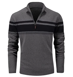 Herren Zip Neck Sweater Longsleeve Gestreift Pullover Lässige Stehkragen Sweatshirt Männer Viertelreißverschluss Winter Fleecepullover Casual Freizeitshirt Dunkelgrau-Schwarz S