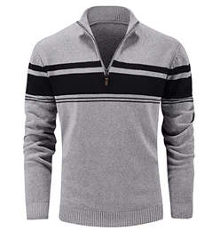 Winterpullover Herren Stehkragen Sweater Herbst Winter Arbeitspullover Basic Gestreift Strickpulli Männer Langarm Freizeitshirt Klassisch Thermoshirt mit Zip Neck Hellgrau-Schwarz M