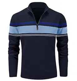 Herren 1/4 Zip Sweater Gestreifter Strickpullover Warm Stehkragen Langarmshirt Herren Casual Winterpullover Baumwolle Fleece Jacke Feinstrick Sweatshirt Dunkelblau-Seeblau M