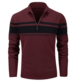 Herren Gestreift Sweater Stehkragen Freizeitpullover Langarm Winter Strickjacken Casual Warme Top Männer Fleece Outdoor Sweatshirt Weich Basic Arbeitspulli mit 1/4 Zip Weinrot M