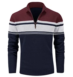 Herren 1/4 Zip Fleece Pullover Gestreift Sweater Longsleeve Warme Strickjacke Männer Winter Weich Fleeceshirt Casual Arbeitspullover Slim Fit Stehkragen Pulii Dunkelblau-Rot XL