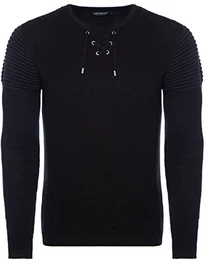 Herren Feinstrick-Pullover für Winter und Übergang ● Herren Longsleeve mit gerippten Ärmeln ● Herren Langarmshirt Rundhals-Pullover für Herren 7777 Black M