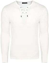 Herren Feinstrick-Pullover für Winter und Übergang ? Herren Longsleeve mit gerippten Ärmeln ? Herren Langarmshirt Rundhals-Pullover für Herren 7777 White M
