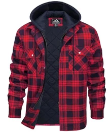 Winterhemd Herren Langarm Abnehmbarer Reißverschluss Jacke Fleece Gefüttert Kapuzenhemd mit Kariert Casual Warm Hemdjacke Rot M