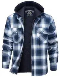 Karohemd Herren Thermo Gesteppt Jacke mit Brusttasche Flanell Innenfutter Hemd Jacke Atmungsaktiv Freizeit Arbeitsjacke Blau-Weiß M