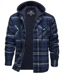 Thermohemd Herren mit Tunnelzug Kapuze Winter Wattejacke Mehreren Taschen Flanell Jacke Outdoor Freizeit Übergangsjacke Blau-Grau M