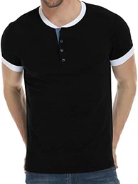 Herren Kurzarm Tshirt Sommer Casual Knopf T-Shirt Henley Tee, Basic Regular Fit Tops T Shirts Männer, Schwarz, M