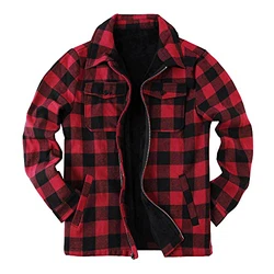 Herren Flanelljacke Karo Jacke Karohemd Thermohemd mit Reißverschluss Mikro Fleece Gefüttert Winterjacke Rot