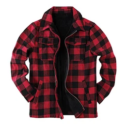 Herren Flanelljacke Karo Jacke Kariert Flanellhemd Karohemd Thermohemd Reißverschluss Mikro Fleece Gefüttert Winterjacke, A-Rot, M