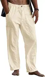Herren Leinenhose Lange Weite Sommerhose Kordelzug Yogahose mit Taschen Luftig Sonnenschutz Strandhose Beige M