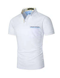 Poloshirt Herren Kurzarm Gelb-blau kontrastierender Karierter Patchwork-Oxfordstoff Slim Fit Golf Polohemd,Weiß,M
