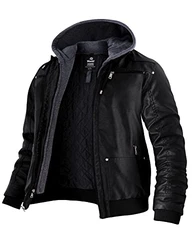 Wantdo Herren Winddichte Leder Motorradjacke Retro PU Jacke mit Kapuze Schwarz
