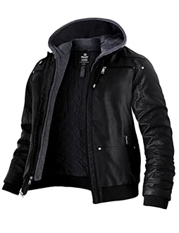 Wantdo Herren Winddichte Leder Motorradjacke Retro PU Jacke mit Kapuze Schwarz