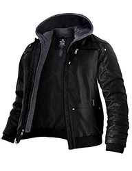 Wantdo Herren Winddichte Leder Motorradjacke Retro PU Jacke mit Kapuze Schwarz