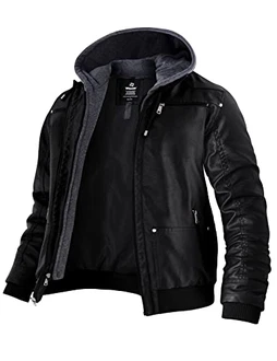 Wantdo Herren Winddichte Leder Motorradjacke Retro PU Jacke mit Kapuze Schwarz