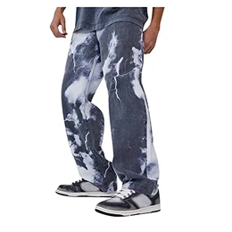 Herren Patchwork Jeans Baggy Hip Hop Jeanshose Casual Straight Leg Denim Hosen Vintage Farbblock Weitem Bein Pants Streetwear (M, E Blau)